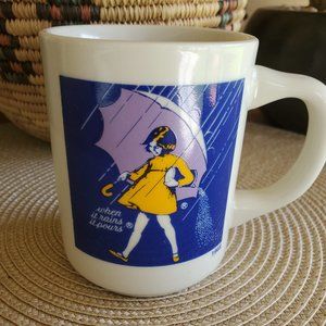 Vintage 1968 Morton Salt Coffee Mug Cup Blue Yellow “When It Rains It Pours!”